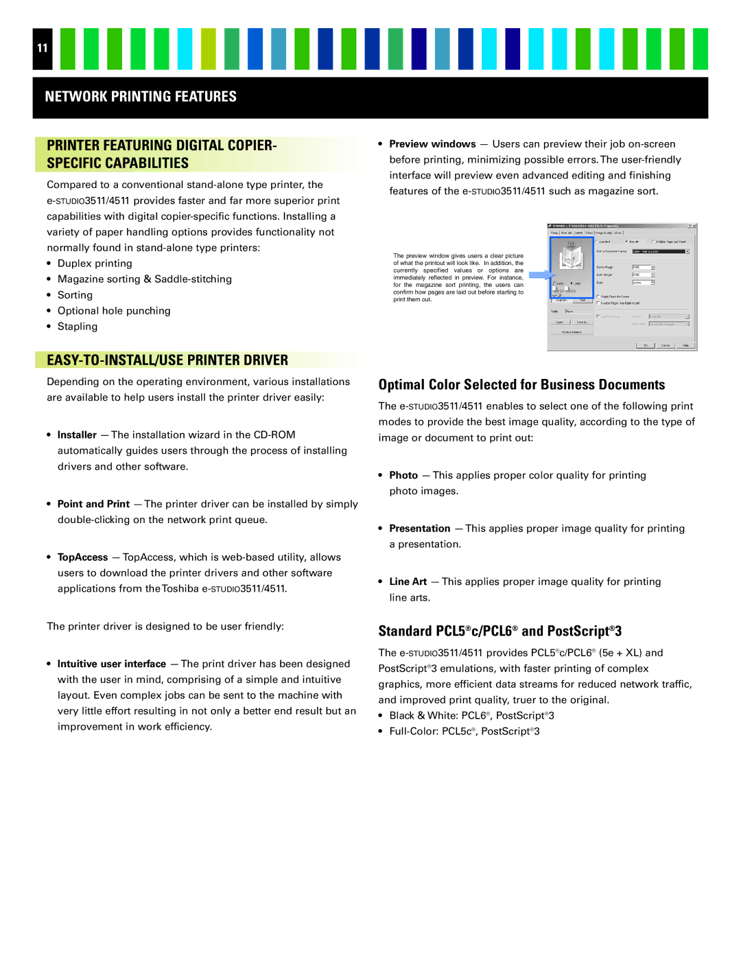 Toshiba 4511 manual Network Printing Features, Printer Featuring Digital Copier Specific Capabilities 