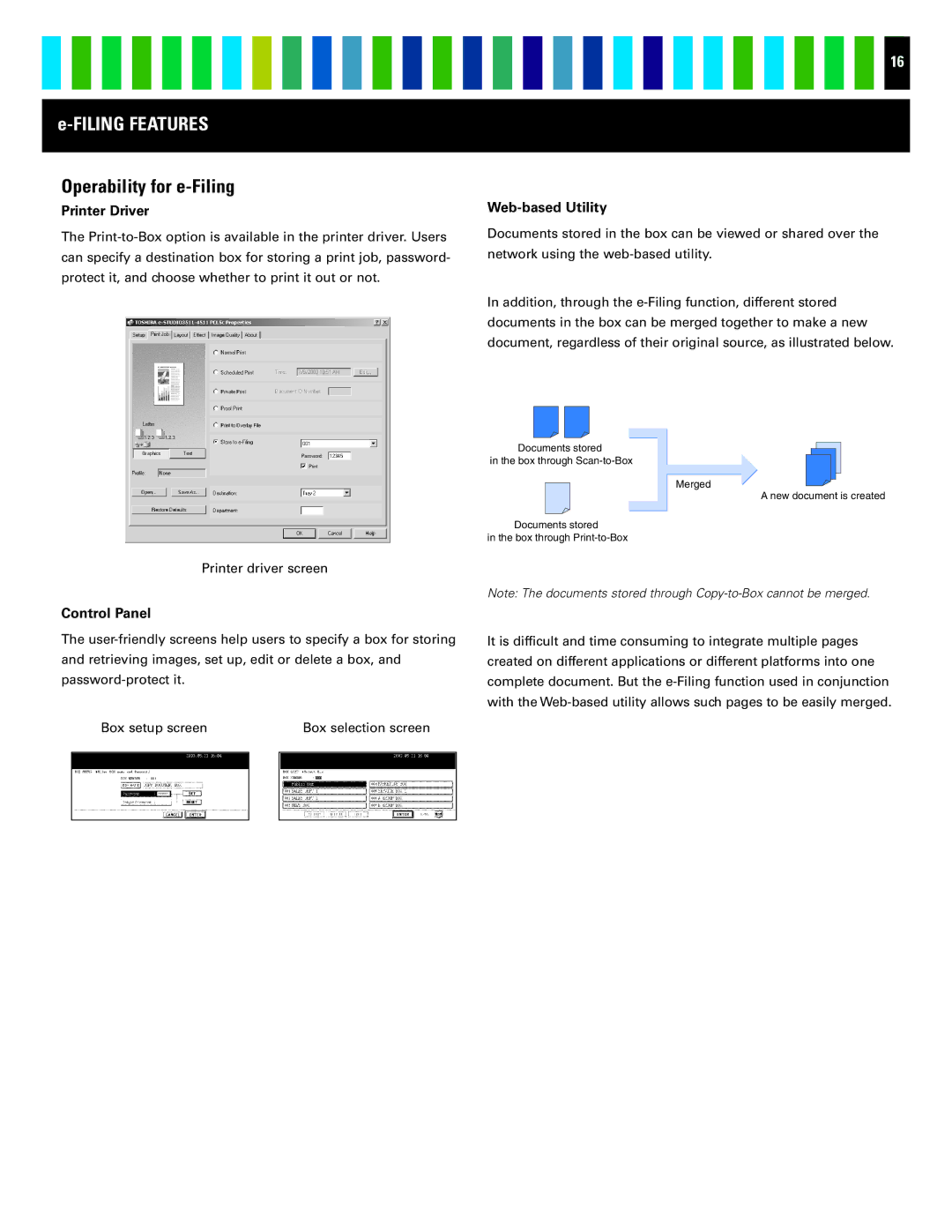 Toshiba 4511 manual Operability for e-Filing, Printer Driver, Control Panel, Web-based Utility 