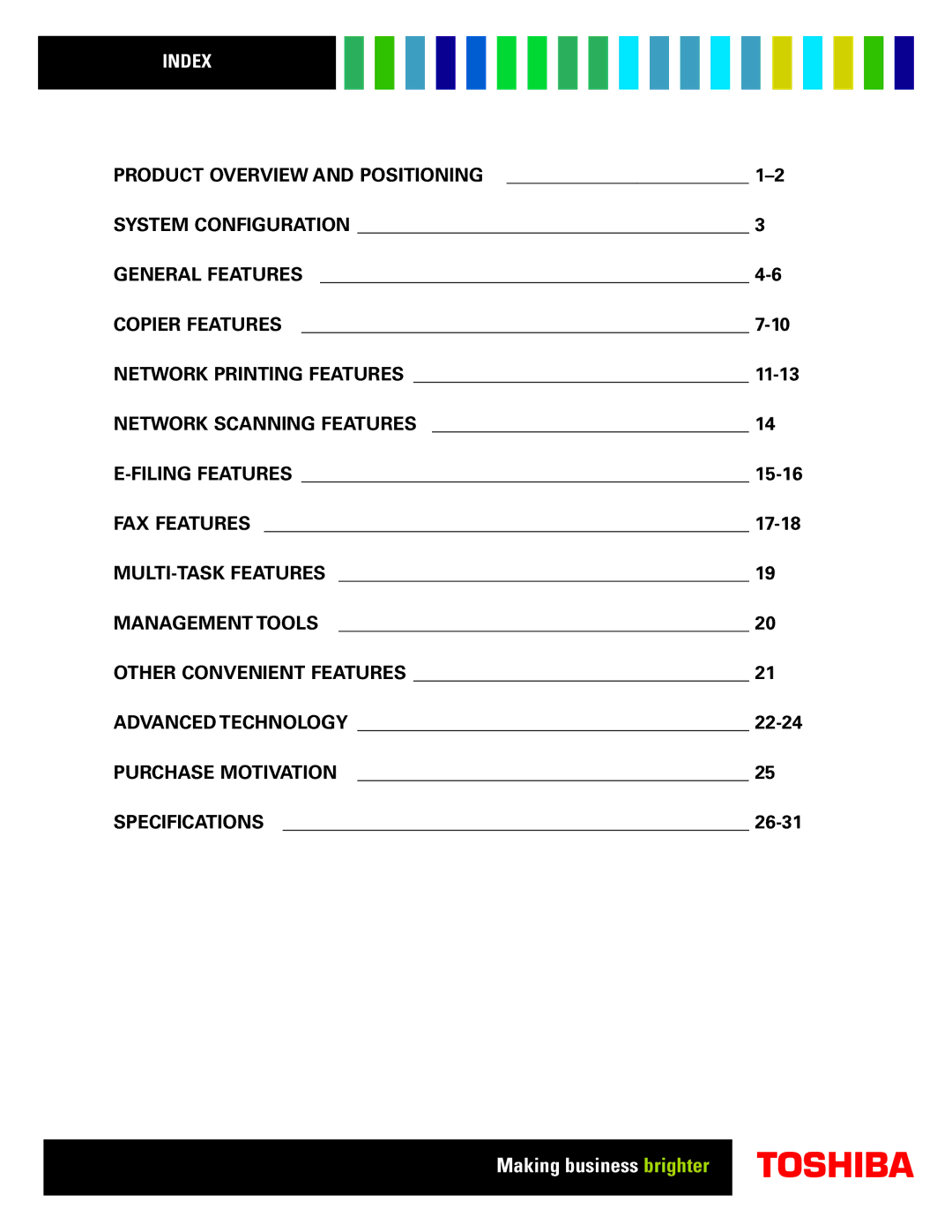 Toshiba 4511 manual Index, MULTI-TASK Features Management Tools, Specifications 