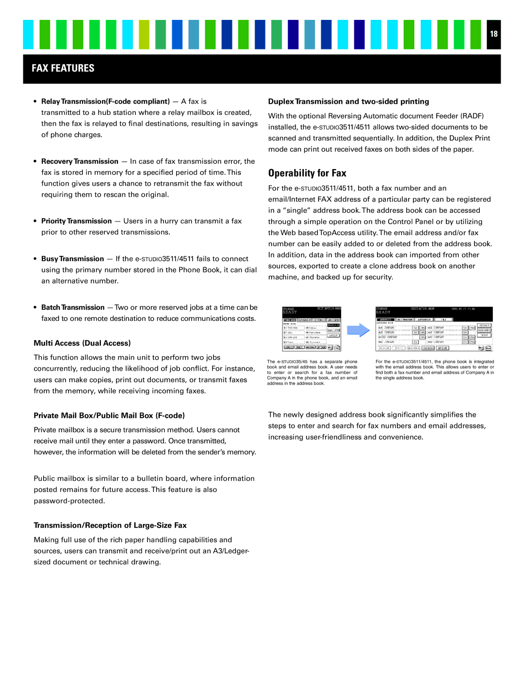 Toshiba 4511 manual Operability for Fax, Multi Access Dual Access, Duplex Transmission and two-sided printing 