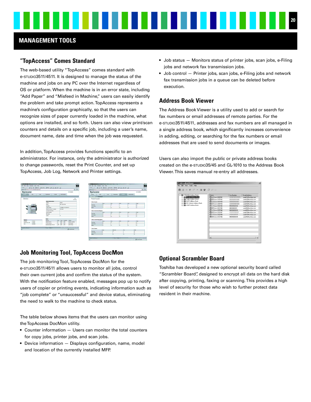 Toshiba 4511 manual Management Tools, TopAccess Comes Standard, Job Monitoring Tool, TopAccess DocMon, Address Book Viewer 