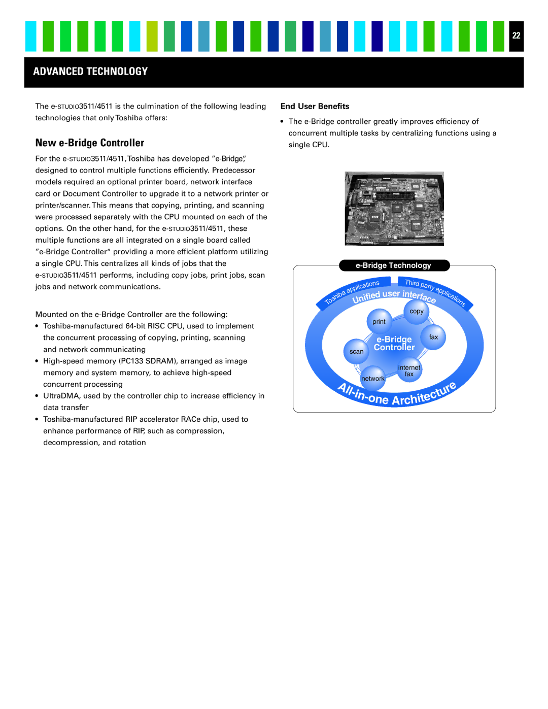 Toshiba 4511 manual Advanced Technology, New e-Bridge Controller, End User Benefits 