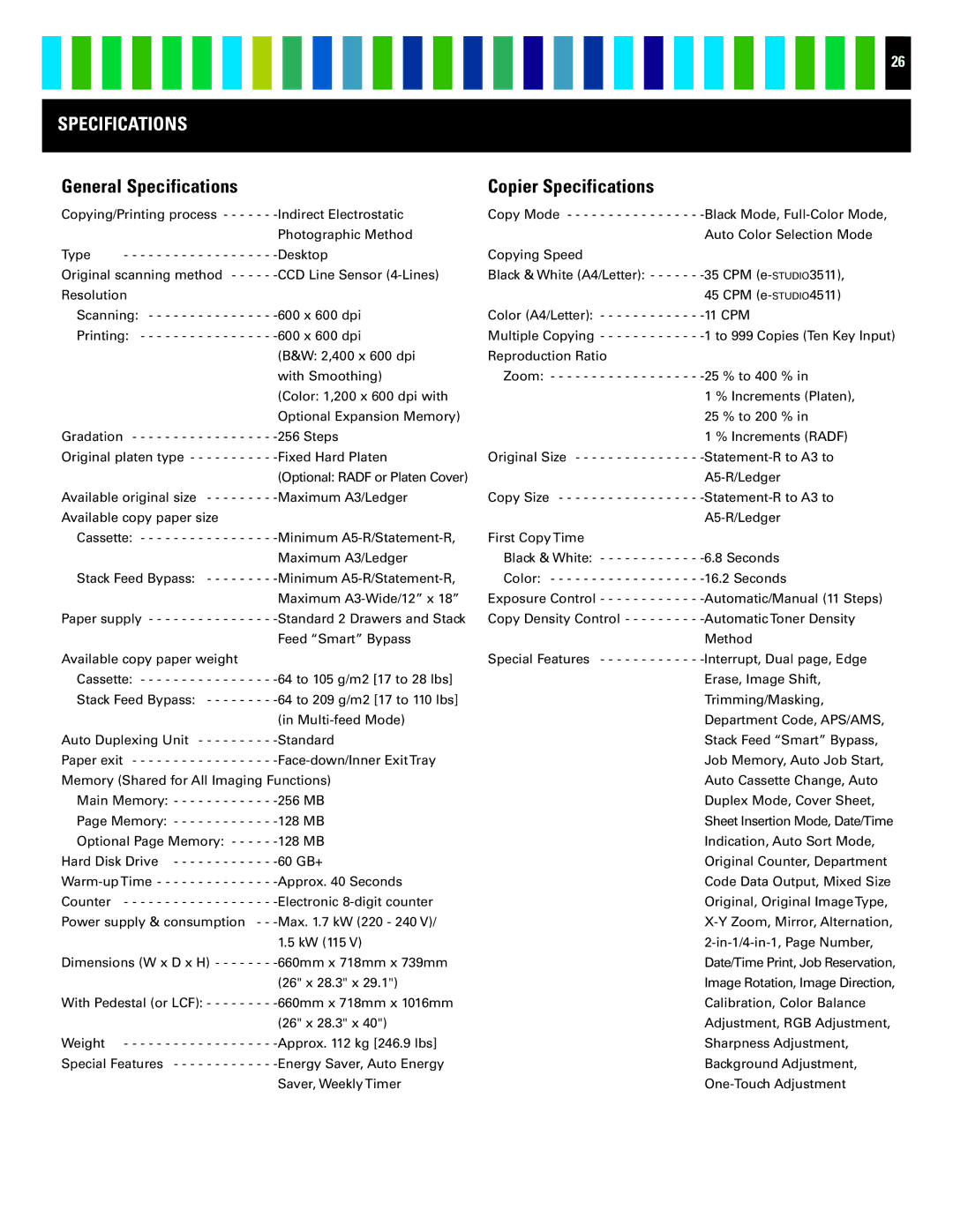 Toshiba 4511 manual General Specifications, Copier Specifications 