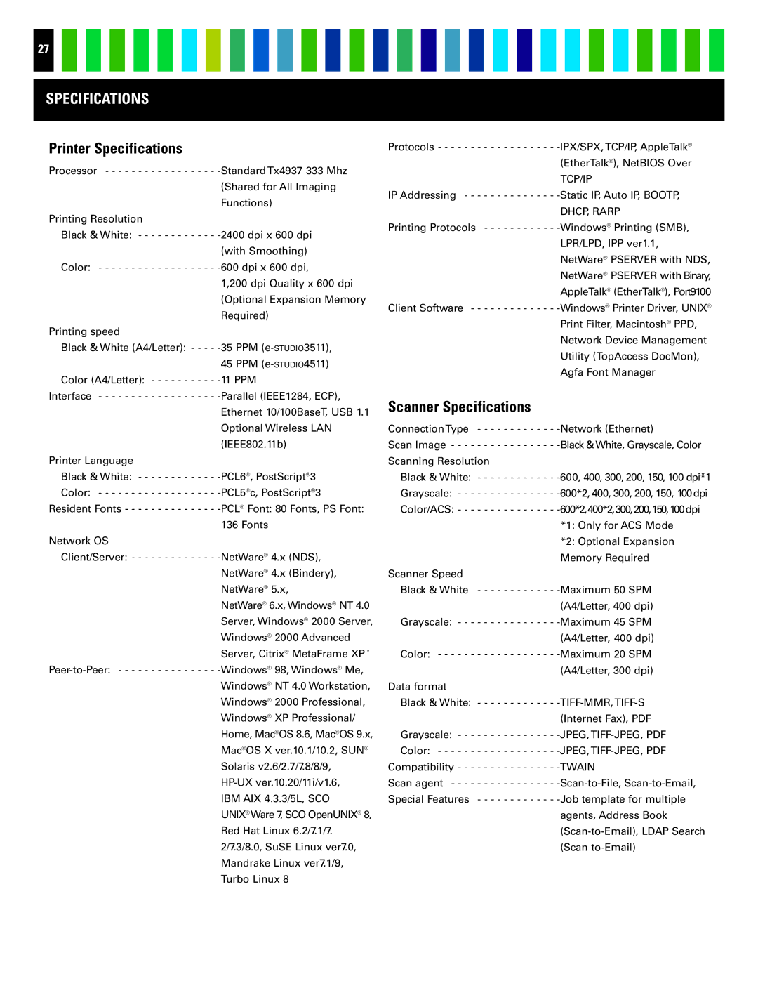 Toshiba 4511 manual Printer Specifications, Scanner Specifications 