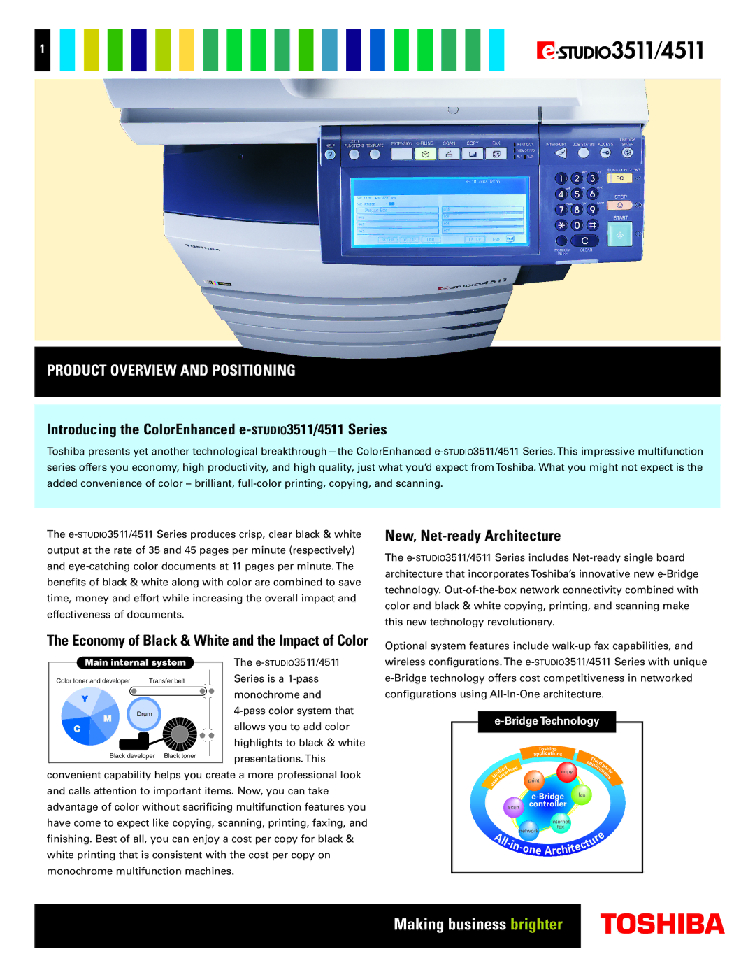 Toshiba manual Product Overview and Positioning, Introducing the ColorEnhanced e-STUDIO3511/4511 Series 