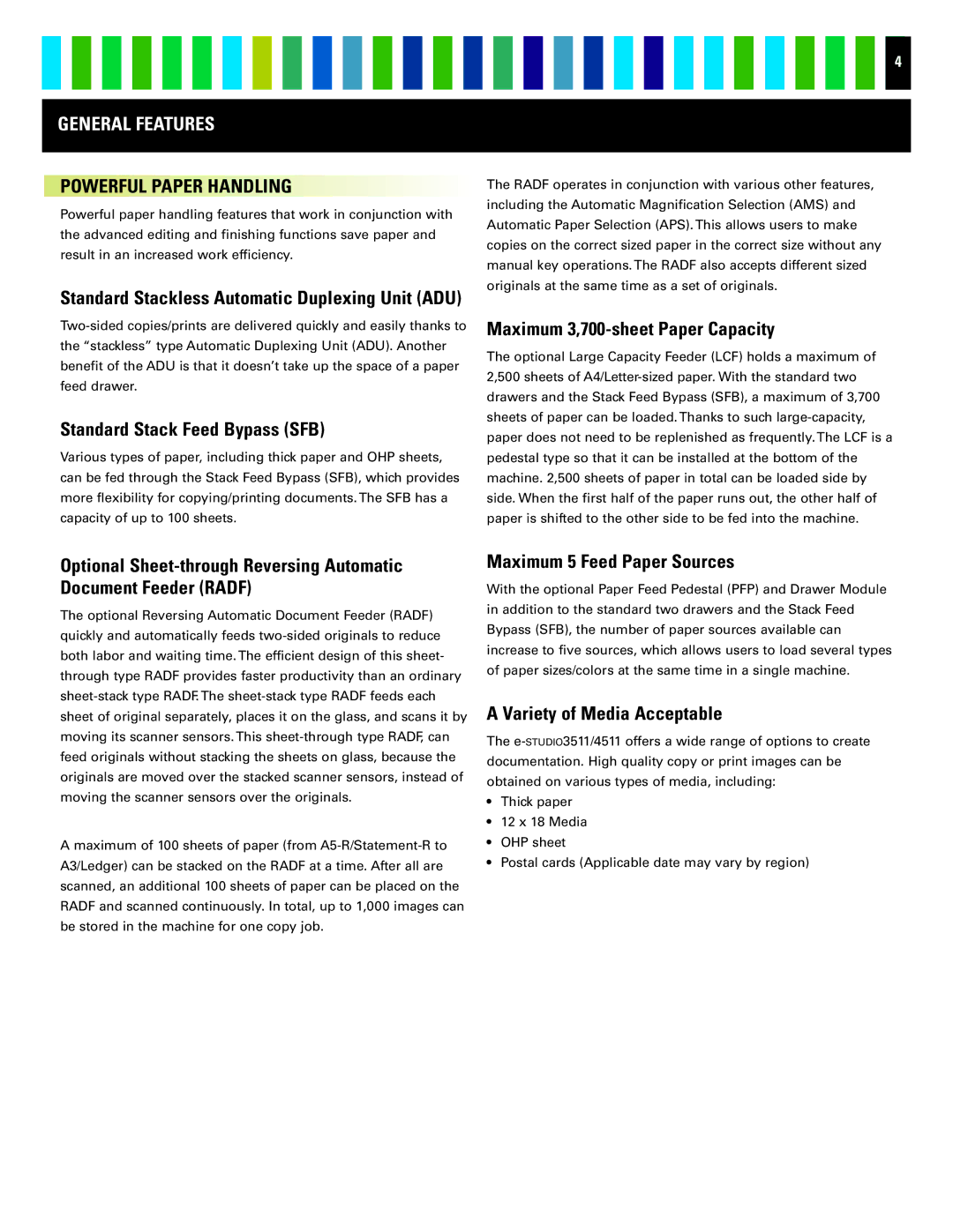 Toshiba 4511 manual General Features, Powerful Paper Handling 