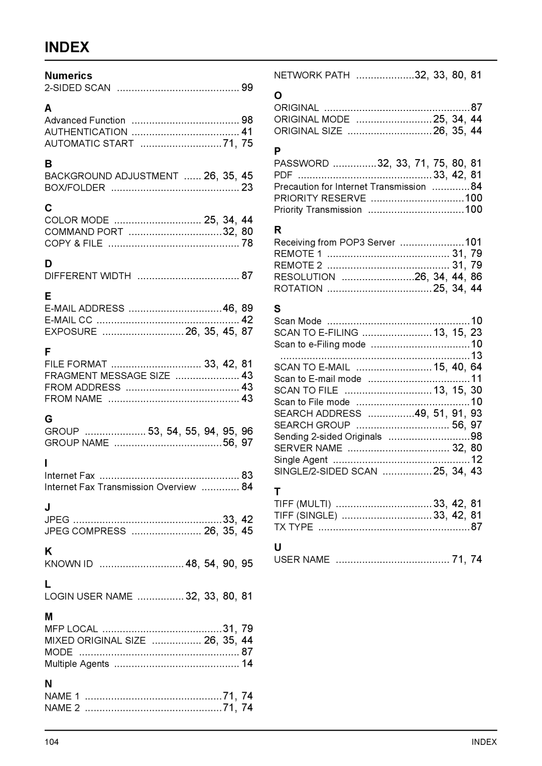 Toshiba 351C, 451C, 281C manual Index 