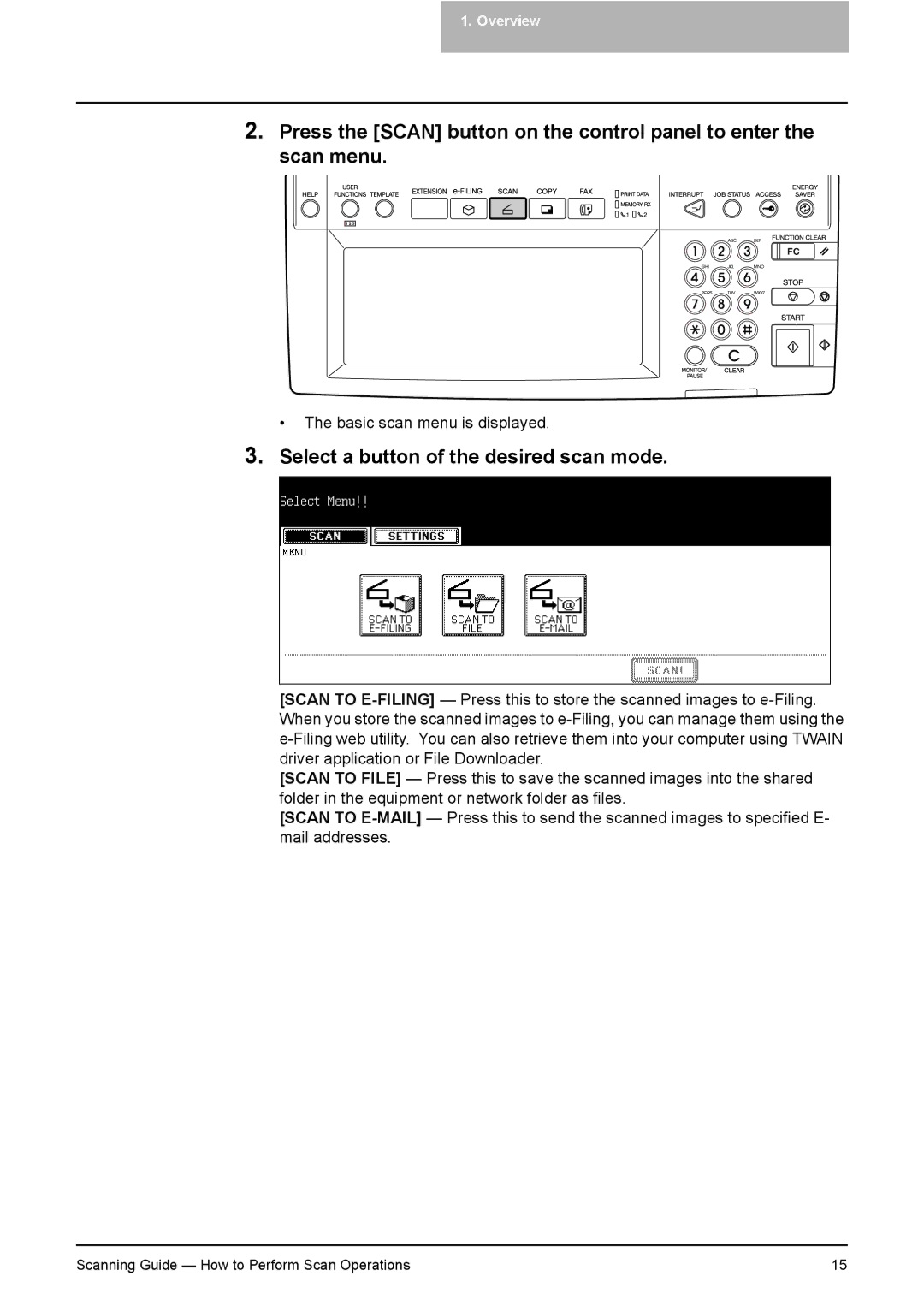 Toshiba 451C, 281C, 351C manual Basic scan menu is displayed 