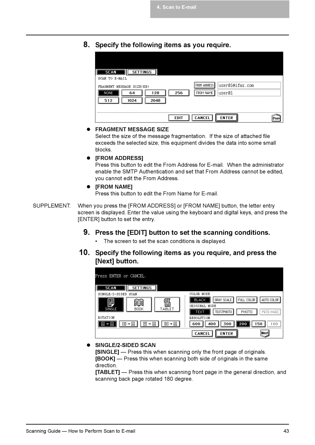 Toshiba 281C, 451C, 351C manual Specify the following items as you require, Fragment Message Size, From Address, From Name 