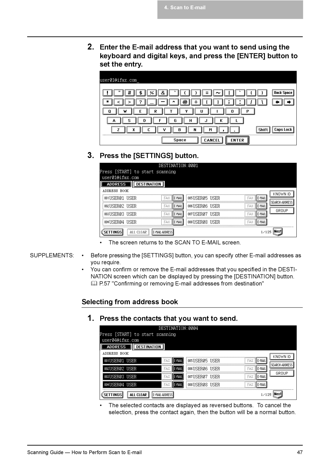 Toshiba 351C, 451C, 281C manual Confirming or removing E-mail addresses from destination 