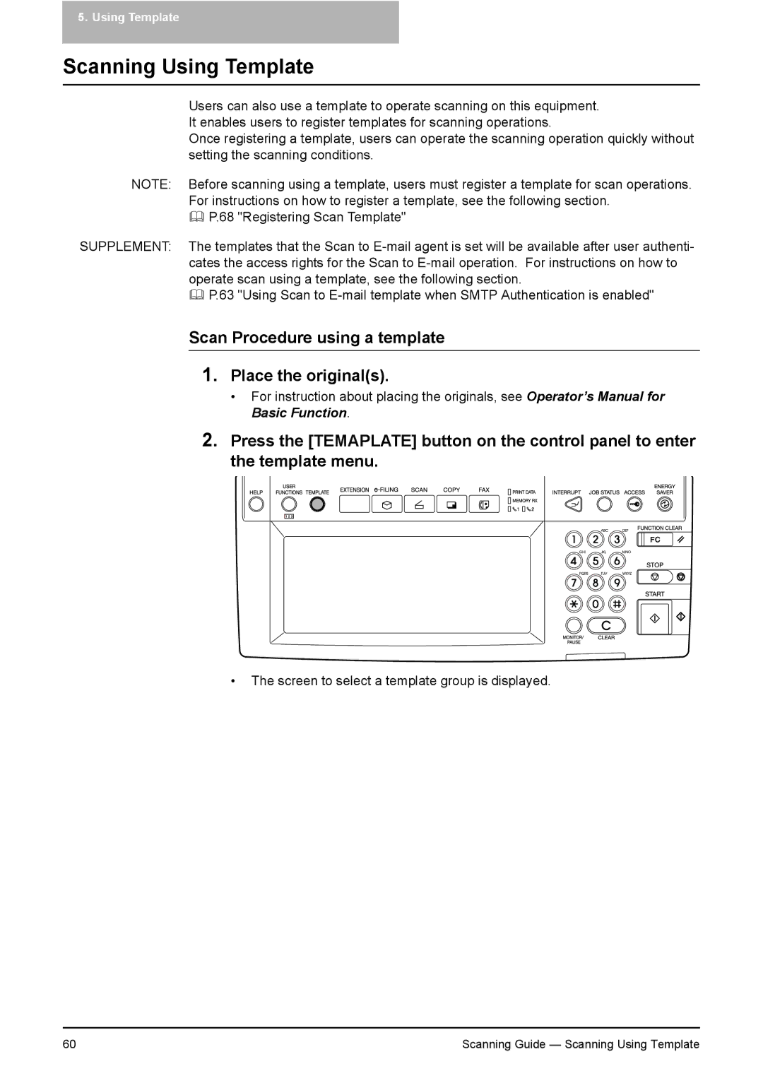 Toshiba 451C, 281C, 351C manual Scanning Using Template, Scan Procedure using a template Place the originals 