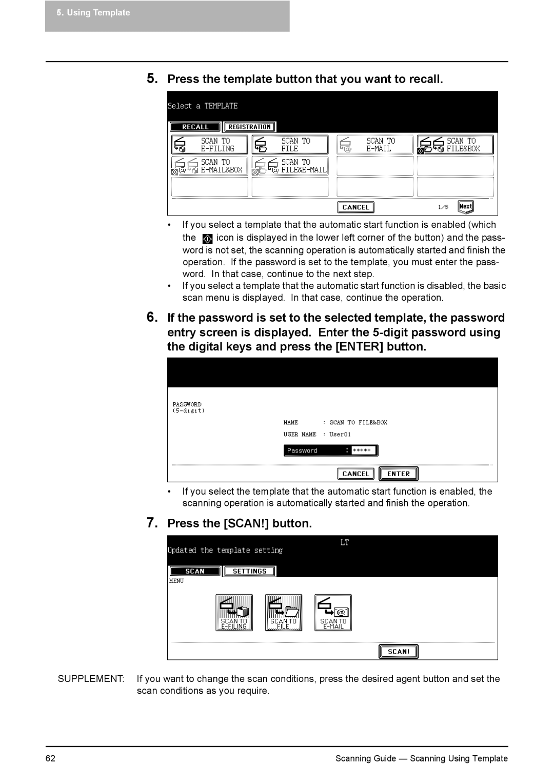 Toshiba 351C, 451C, 281C manual Press the template button that you want to recall, Press the SCAN! button 