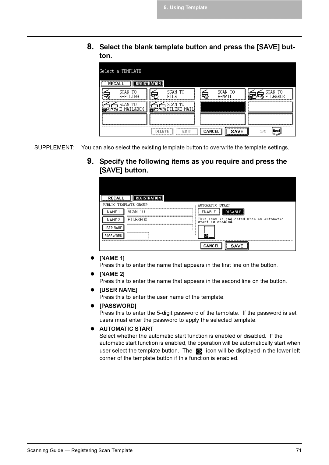 Toshiba 351C, 451C, 281C manual User Name, Automatic Start 