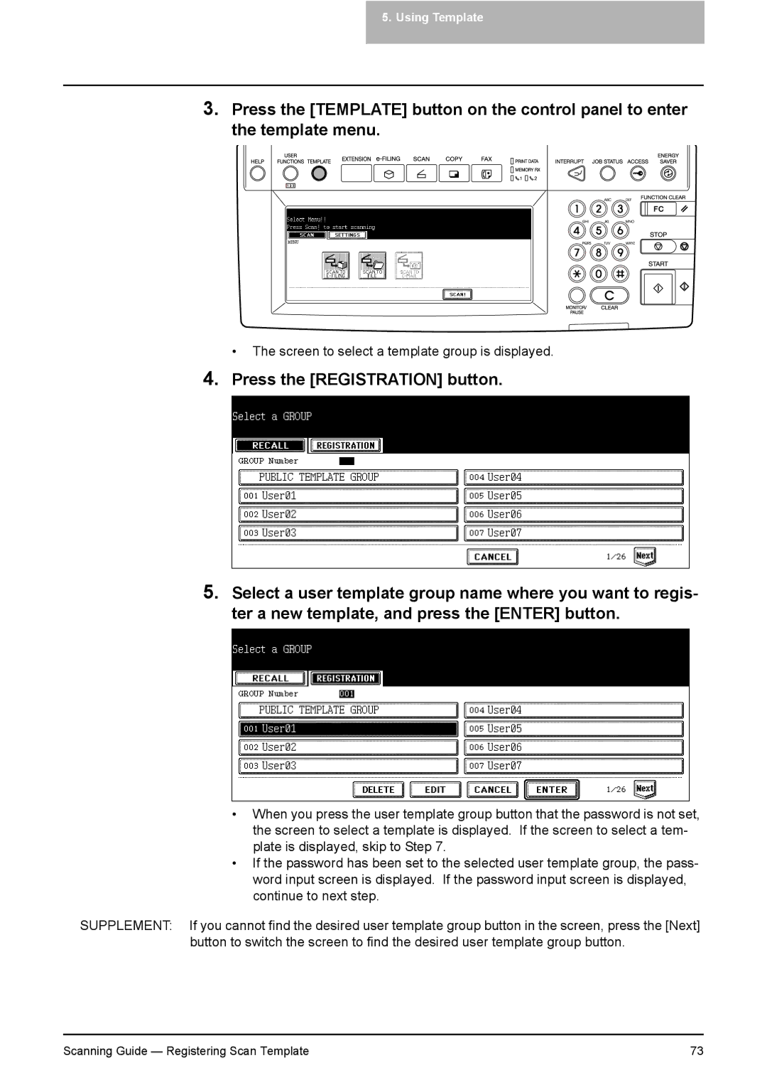 Toshiba 281C, 451C, 351C manual Screen to select a template group is displayed 