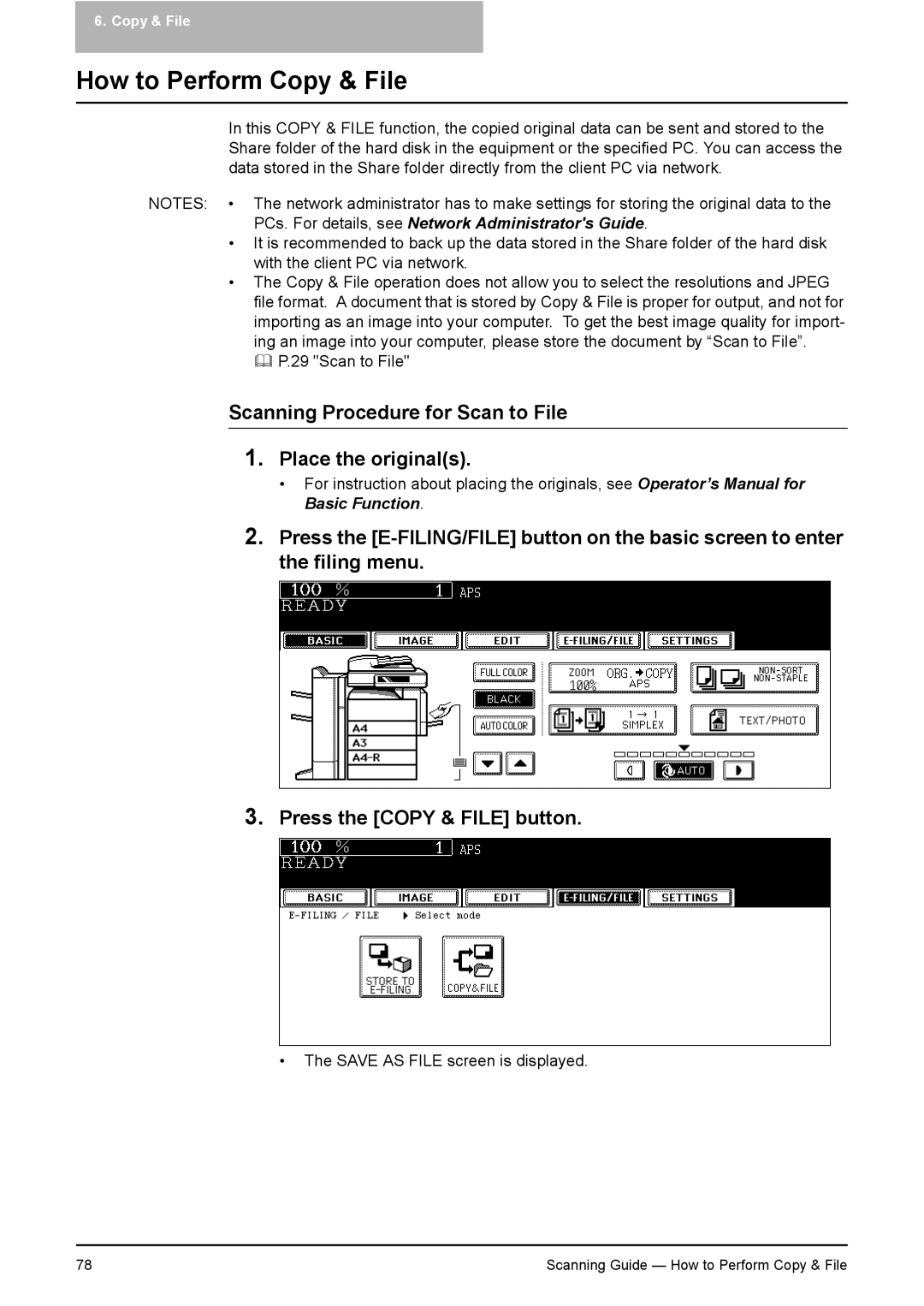 Toshiba 451C, 281C, 351C manual How to Perform Copy & File, Scanning Procedure for Scan to File Place the originals 