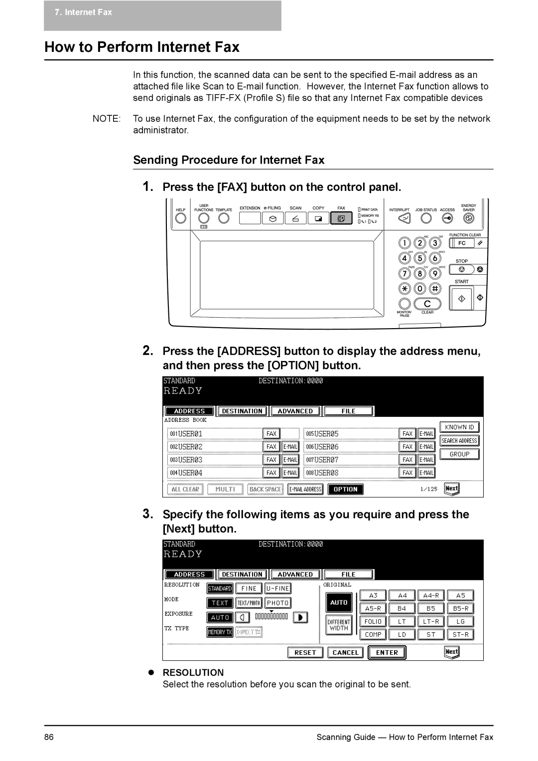 Toshiba 351C, 451C, 281C manual How to Perform Internet Fax, Resolution 