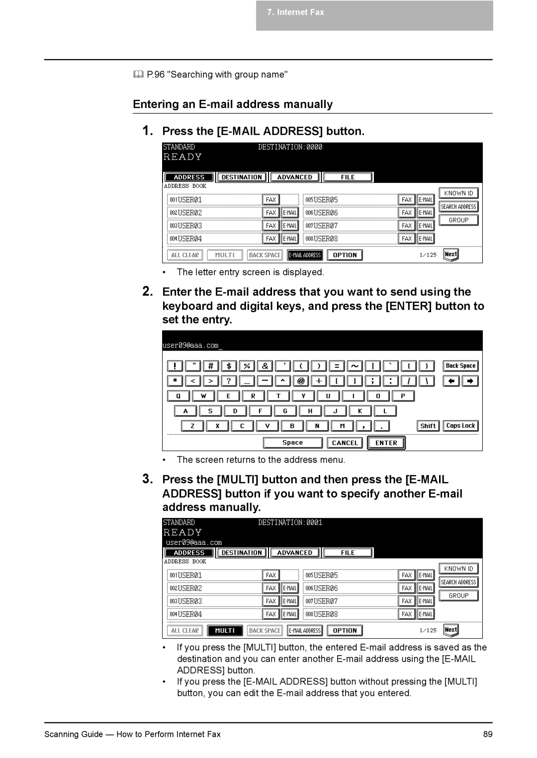 Toshiba 351C, 451C, 281C manual Screen returns to the address menu 