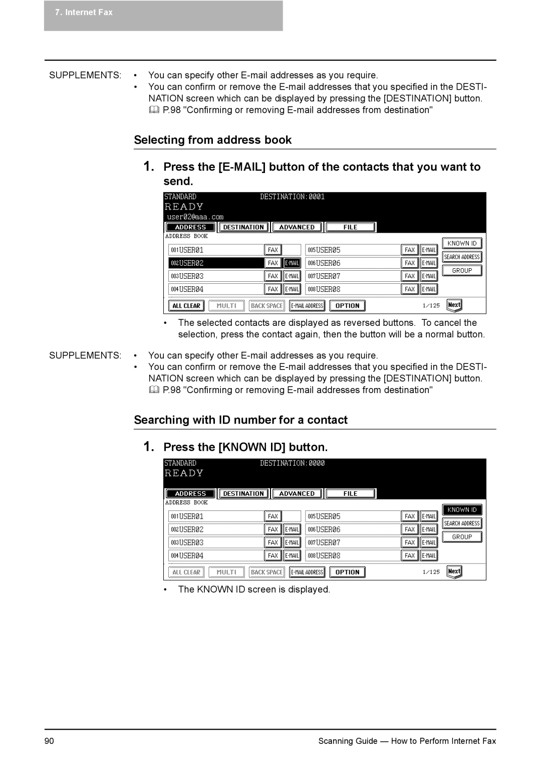 Toshiba 451C, 281C, 351C manual Confirming or removing E-mail addresses from destination 