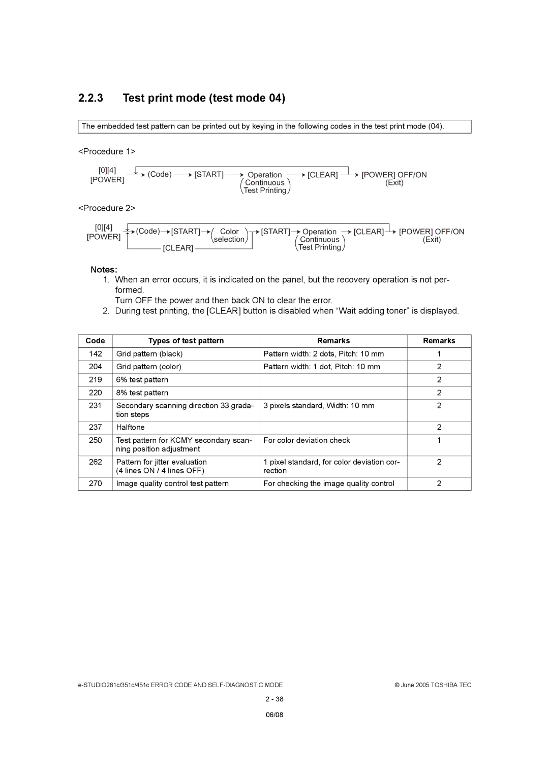 Toshiba 351C, 451C, 281C manual Test print mode test mode 