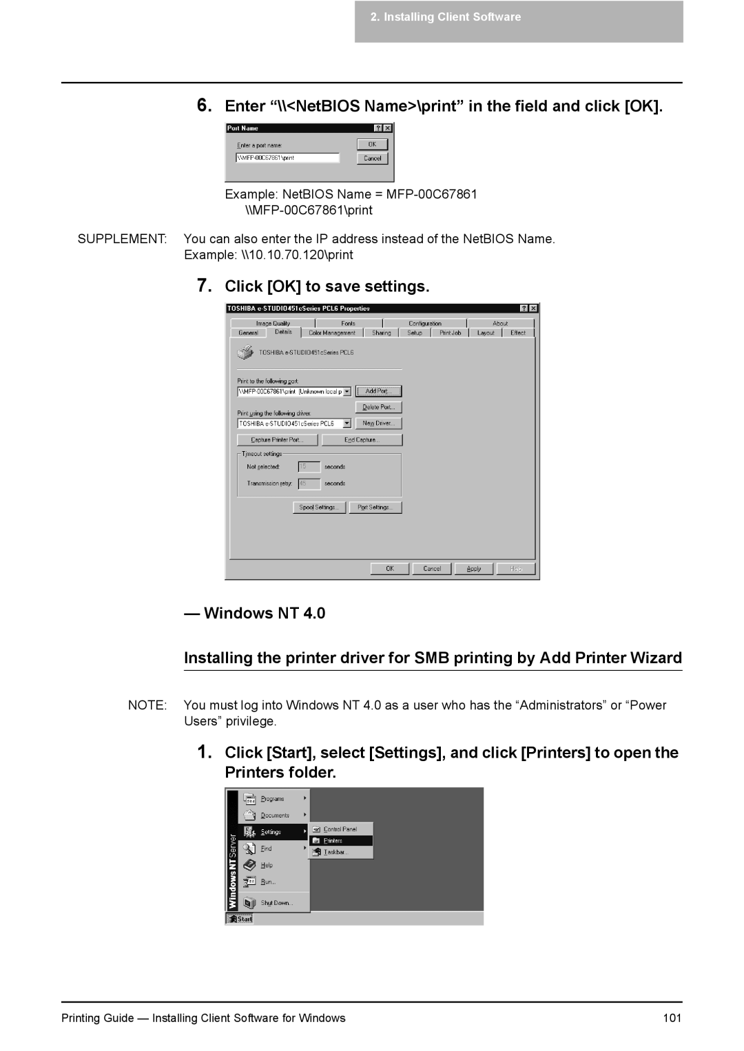 Toshiba 351C, 451C, 281C manual Enter \\NetBIOS Name\print in the field and click OK 