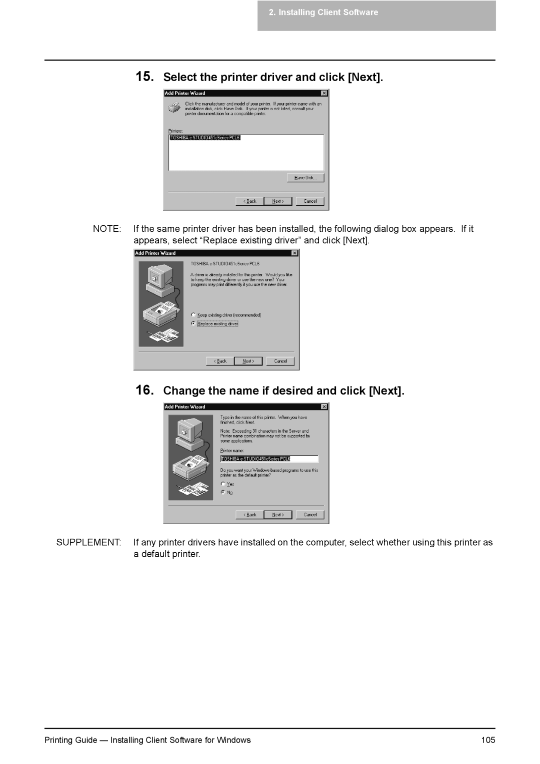 Toshiba 451C, 281C, 351C manual Printing Guide Installing Client Software for Windows 105 