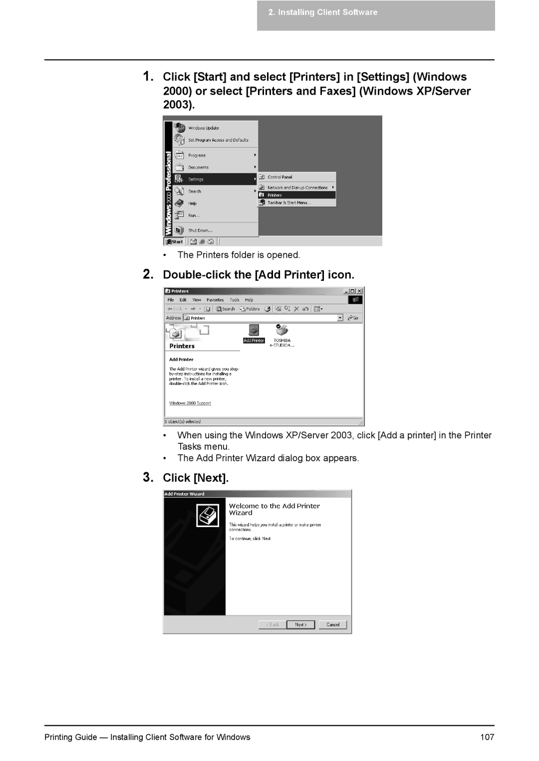 Toshiba 351C, 451C, 281C manual Printing Guide Installing Client Software for Windows 107 