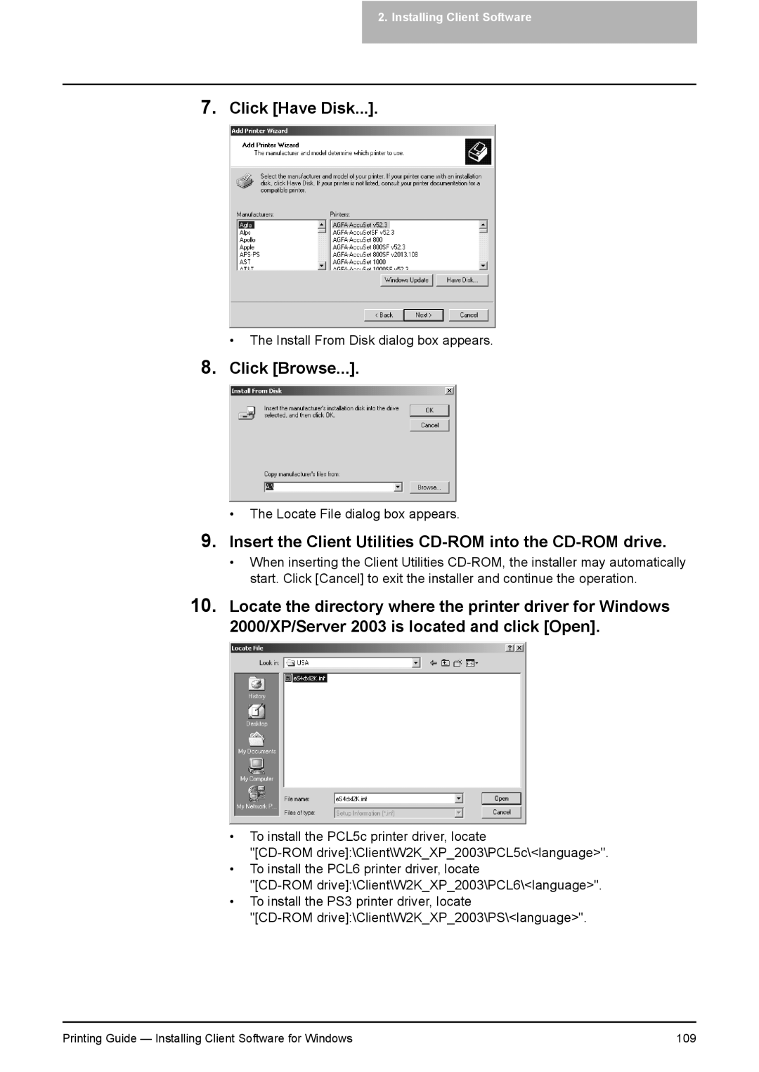 Toshiba 281C, 451C, 351C manual Printing Guide Installing Client Software for Windows 109 