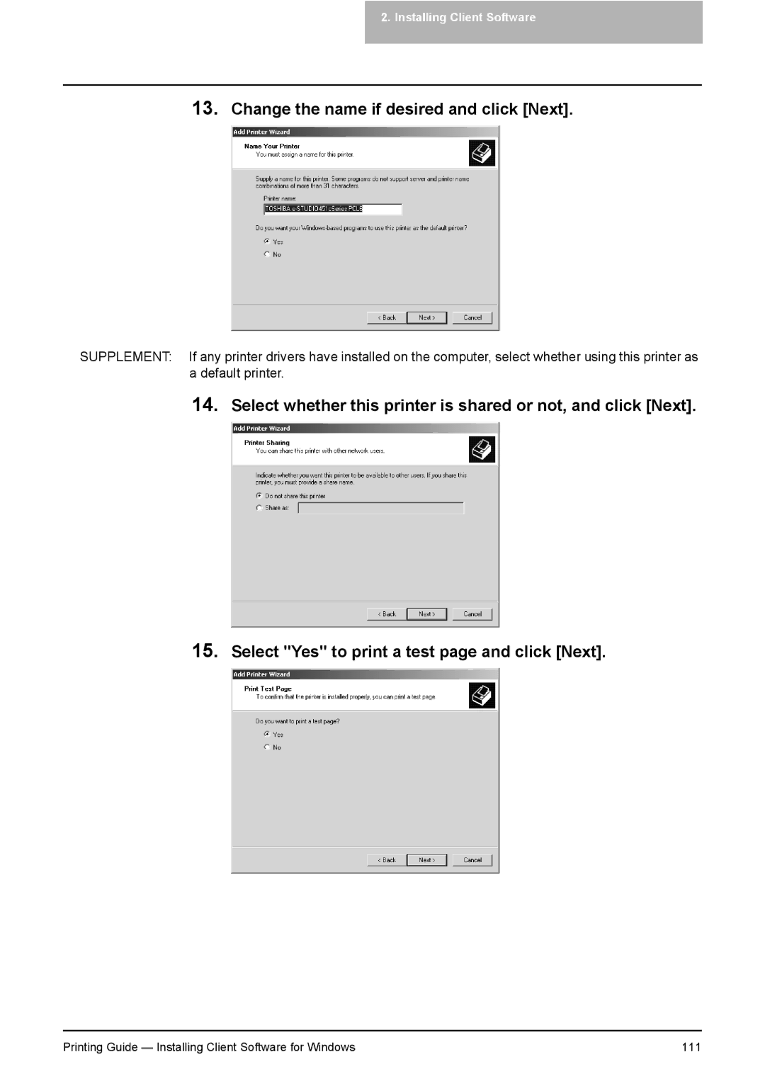 Toshiba 451C, 281C, 351C manual Printing Guide Installing Client Software for Windows 111 