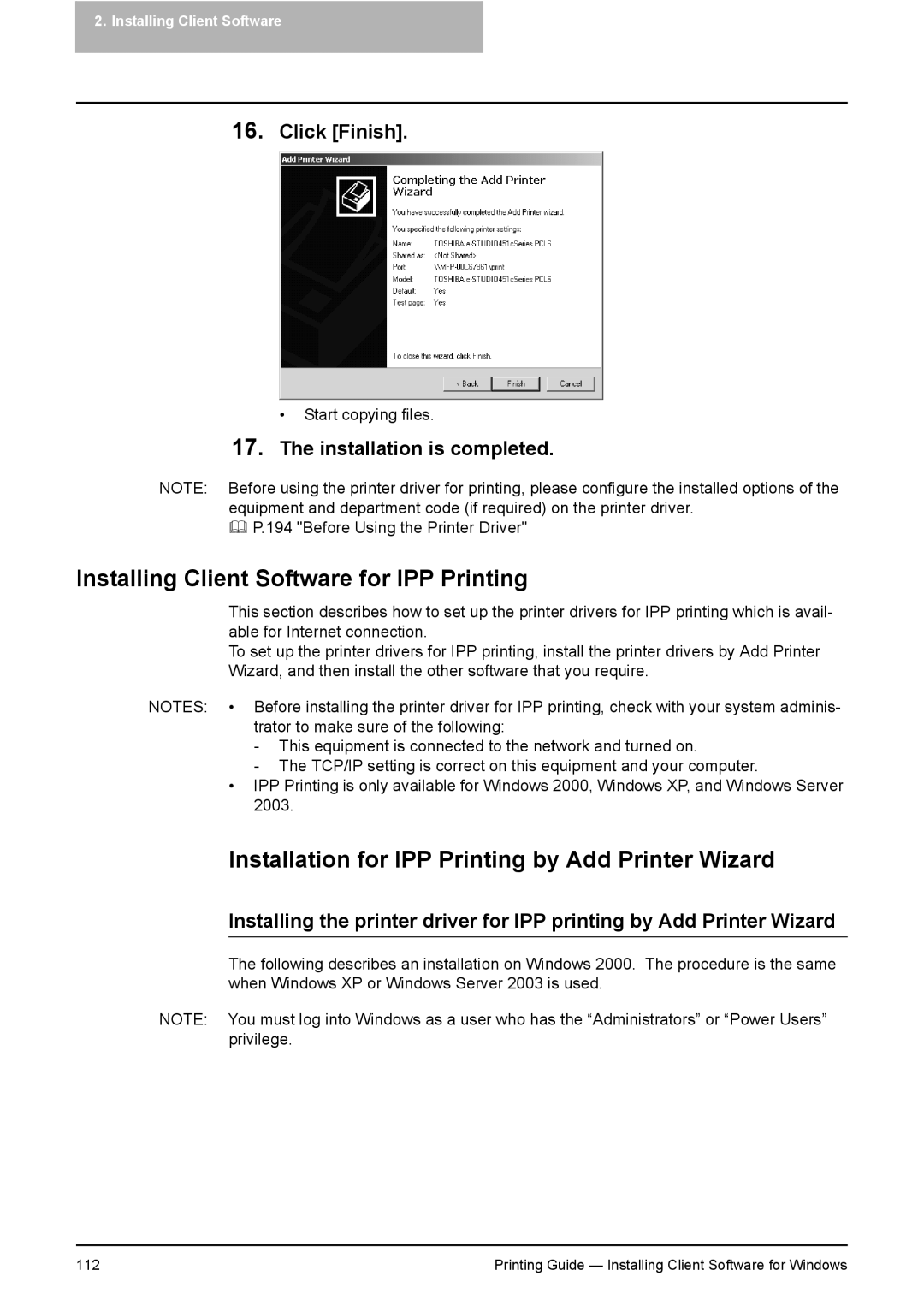 Toshiba 281C, 451C, 351C Installing Client Software for IPP Printing, Installation for IPP Printing by Add Printer Wizard 