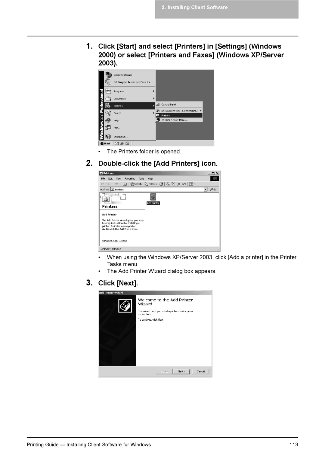 Toshiba 351C, 451C, 281C manual 2003, Double-click the Add Printers icon 