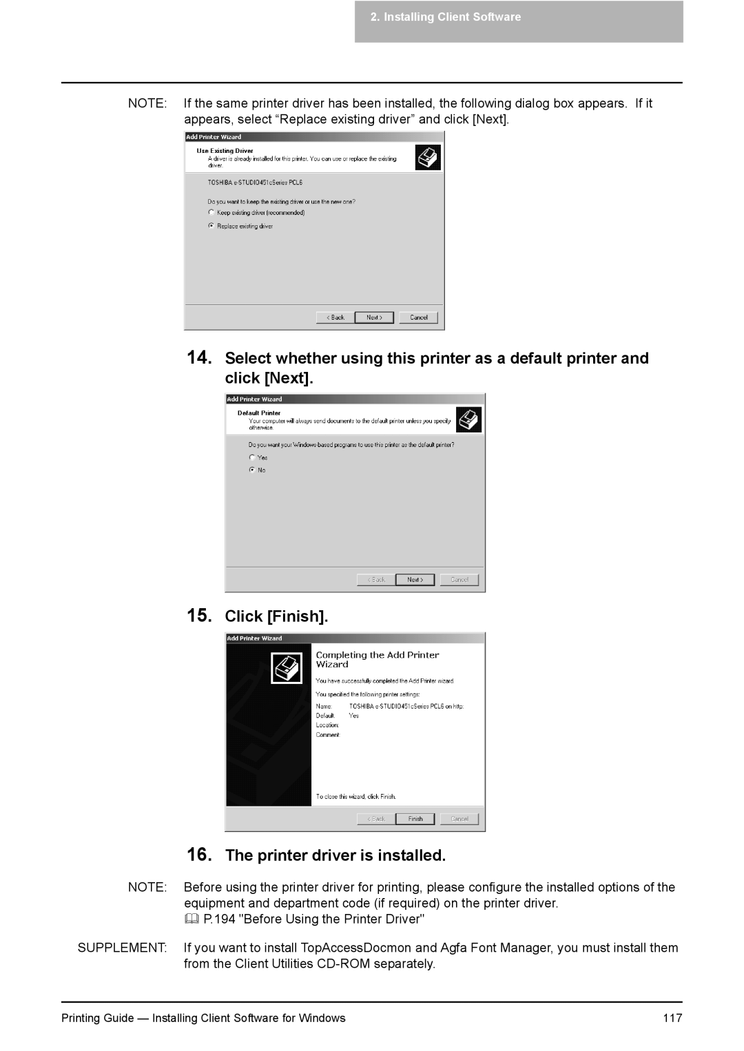 Toshiba 451C, 281C, 351C manual Printing Guide Installing Client Software for Windows 117 