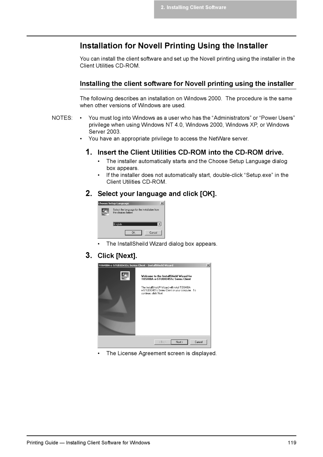 Toshiba 351C, 451C, 281C manual Installation for Novell Printing Using the Installer 