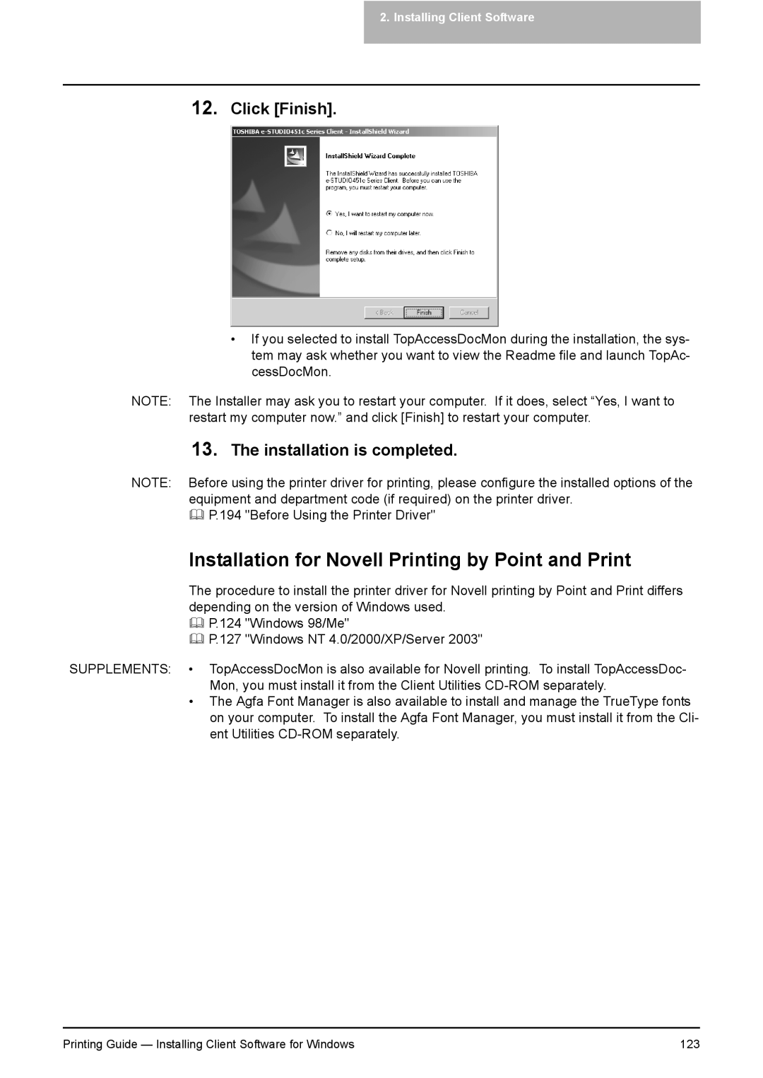 Toshiba 451C, 281C, 351C manual Installation for Novell Printing by Point and Print, Click Finish 