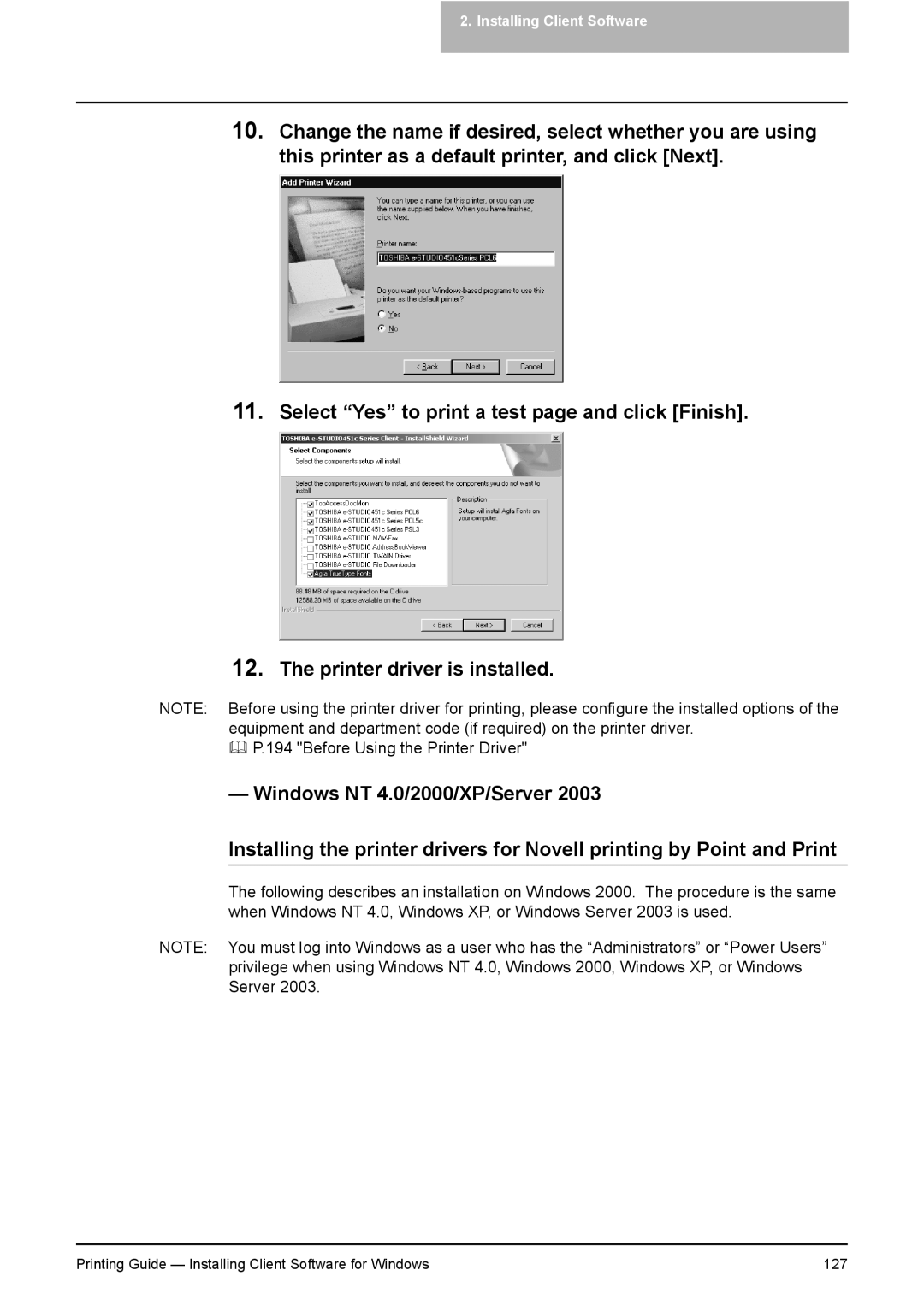 Toshiba 281C, 451C, 351C manual Printing Guide Installing Client Software for Windows 127 