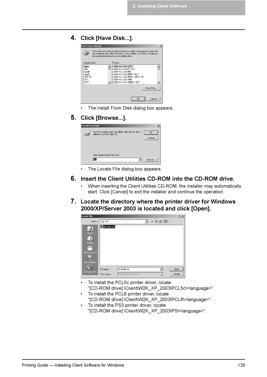 Toshiba 451C, 281C, 351C manual Printing Guide Installing Client Software for Windows 129 