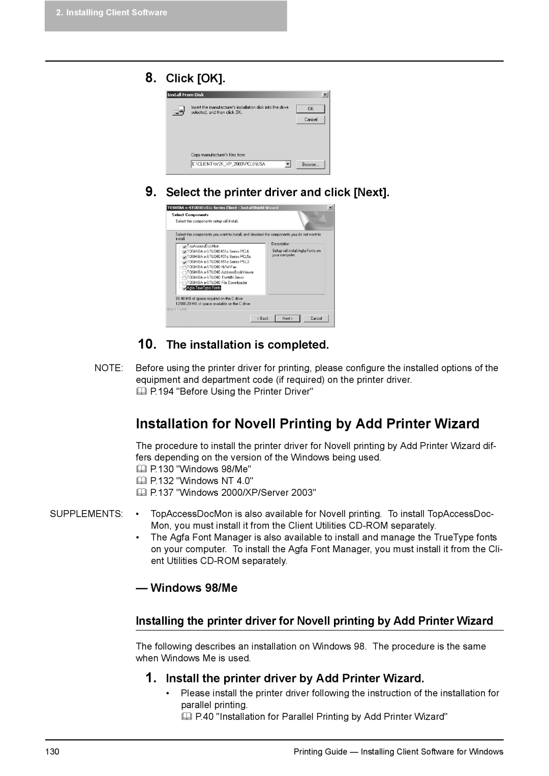 Toshiba 281C Installation for Novell Printing by Add Printer Wizard, Install the printer driver by Add Printer Wizard 