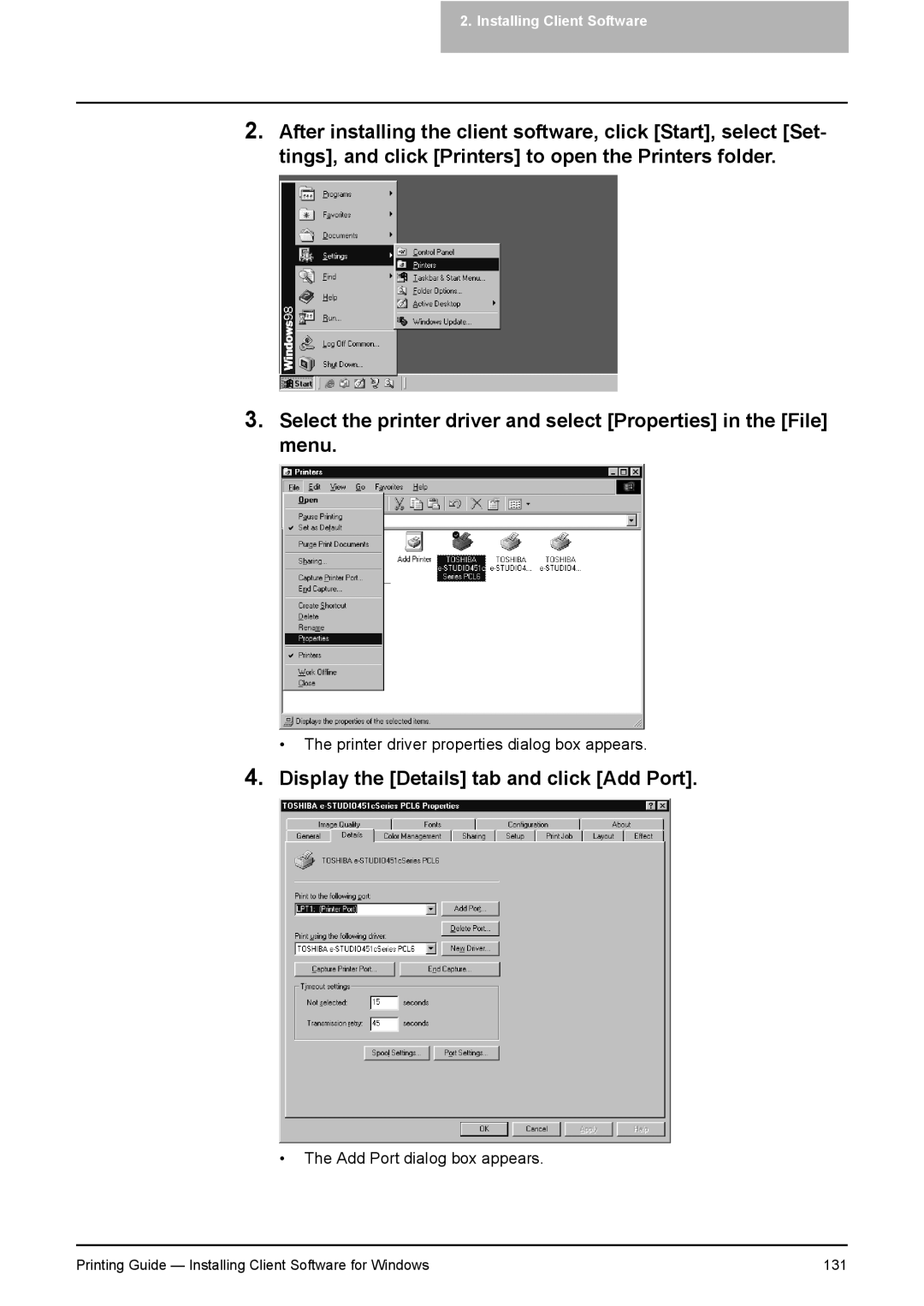 Toshiba 351C, 451C, 281C manual Printing Guide Installing Client Software for Windows 131 