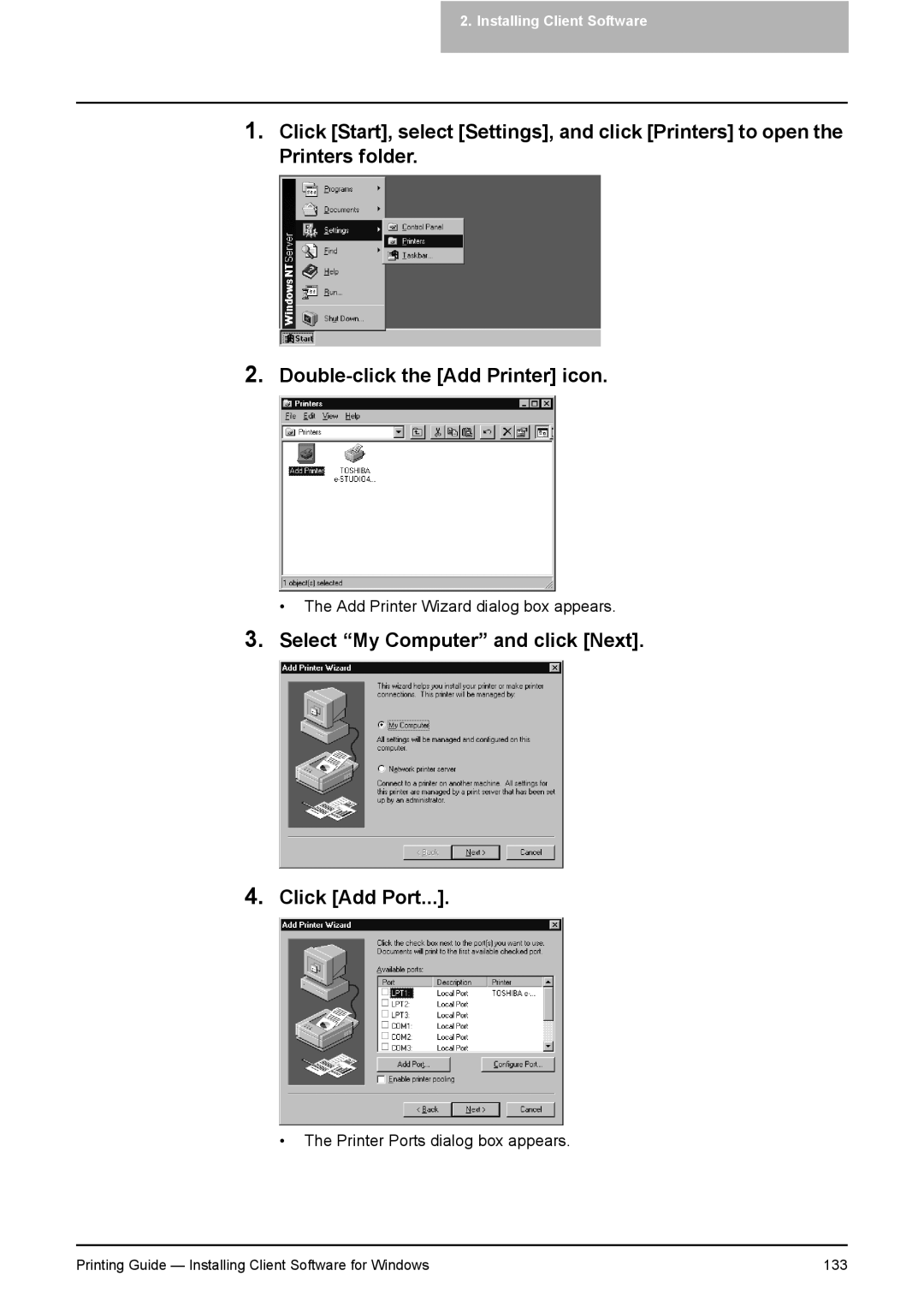 Toshiba 281C, 451C, 351C manual Printing Guide Installing Client Software for Windows 133 