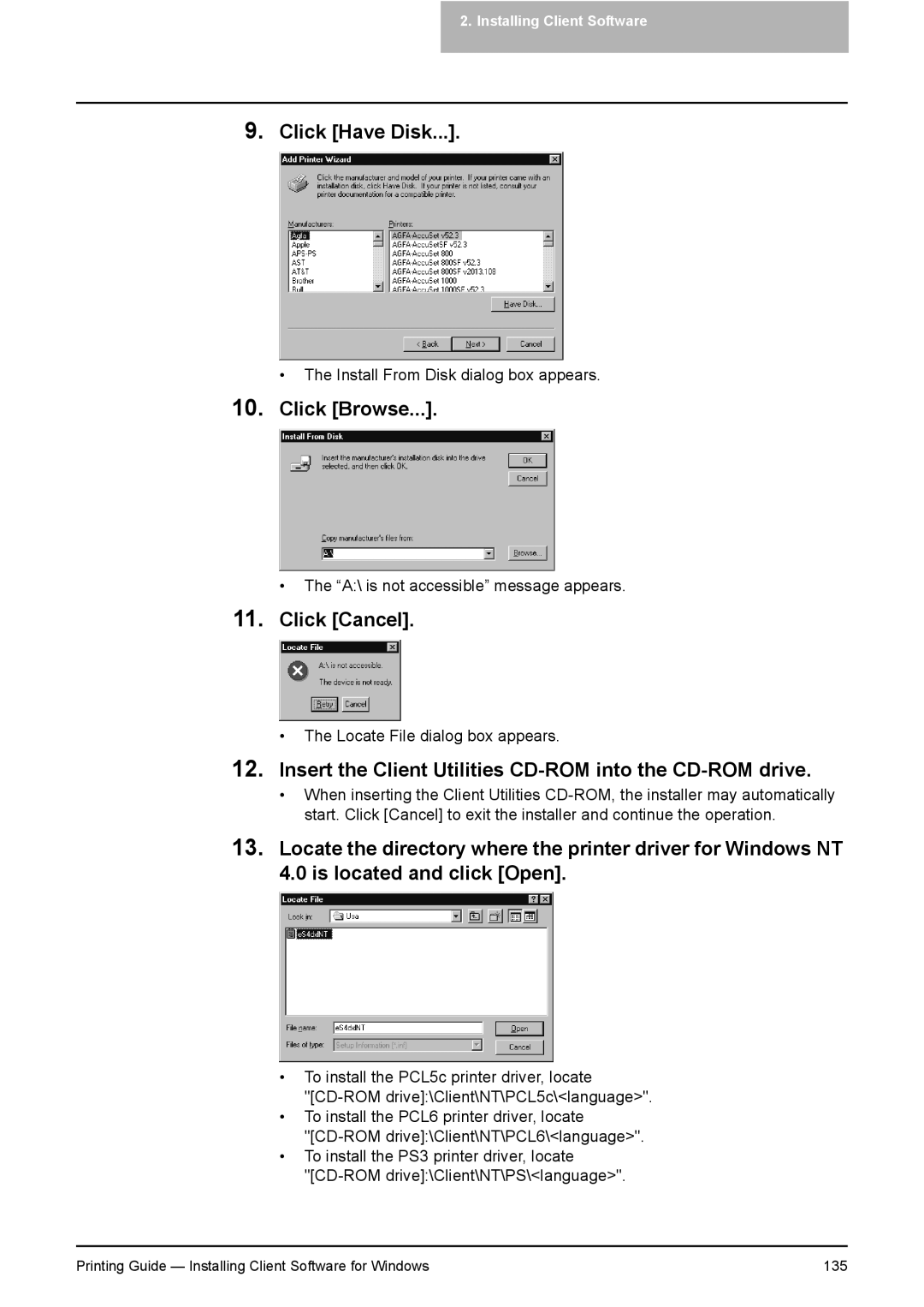 Toshiba 451C, 281C, 351C manual Printing Guide Installing Client Software for Windows 135 