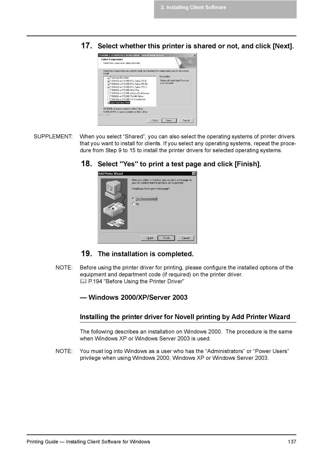 Toshiba 351C, 451C, 281C manual Printing Guide Installing Client Software for Windows 137 