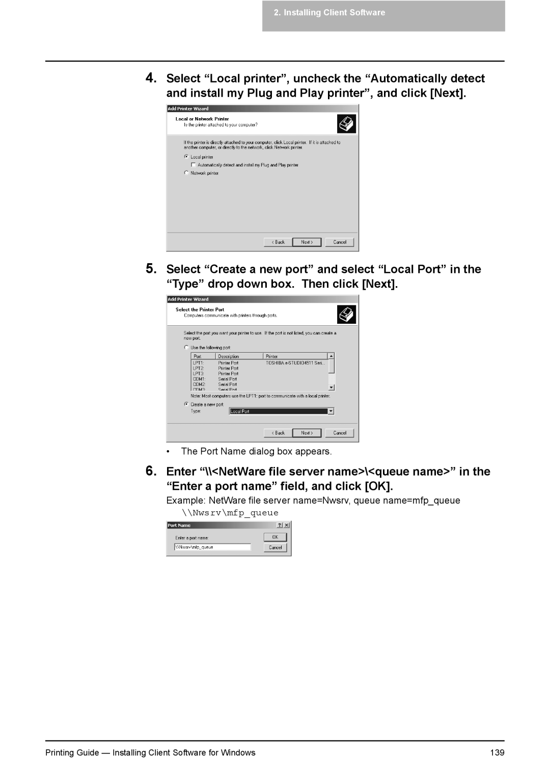 Toshiba 281C, 451C, 351C manual Printing Guide Installing Client Software for Windows 139 