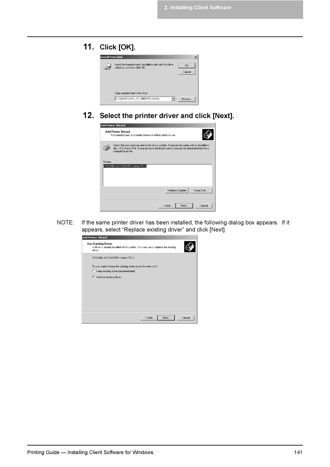 Toshiba 451C, 281C, 351C manual Printing Guide Installing Client Software for Windows 141 