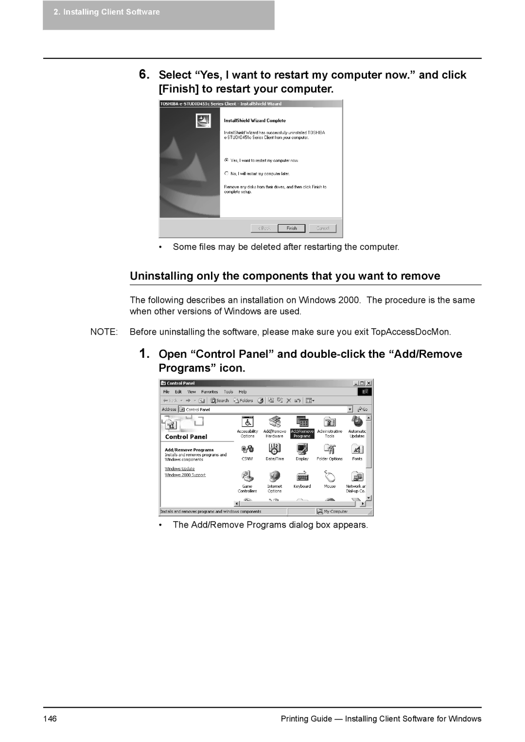 Toshiba 351C, 451C, 281C manual Uninstalling only the components that you want to remove 