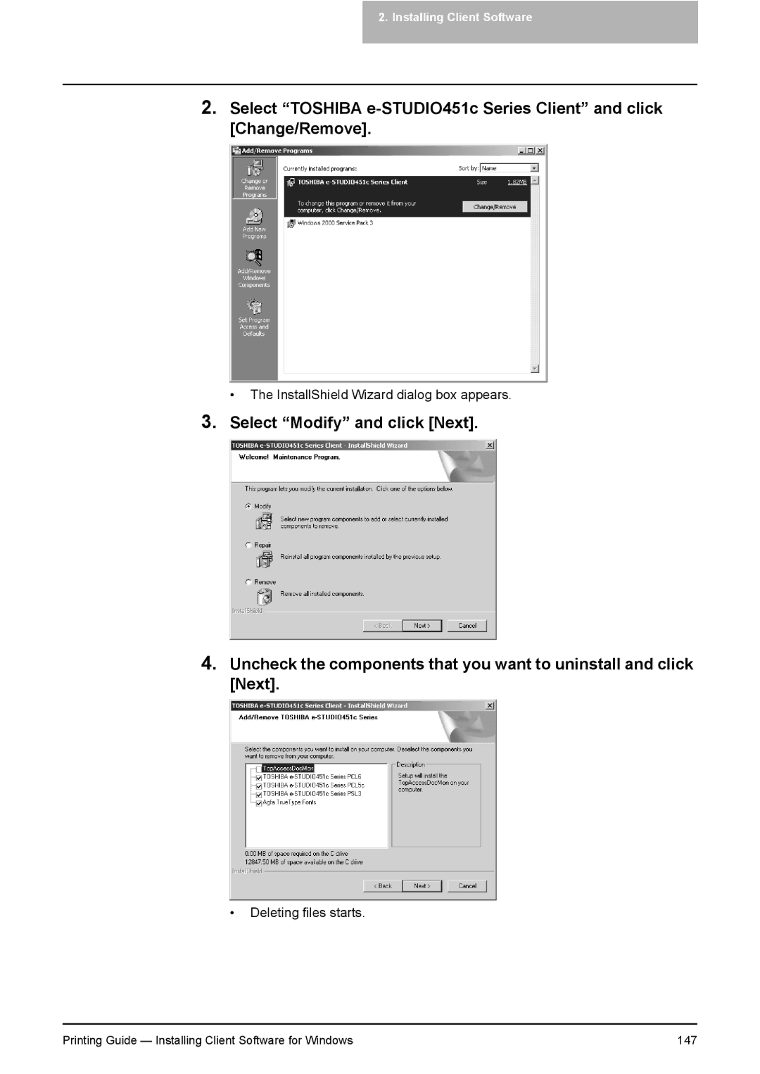 Toshiba 451C, 281C, 351C manual Printing Guide Installing Client Software for Windows 147 