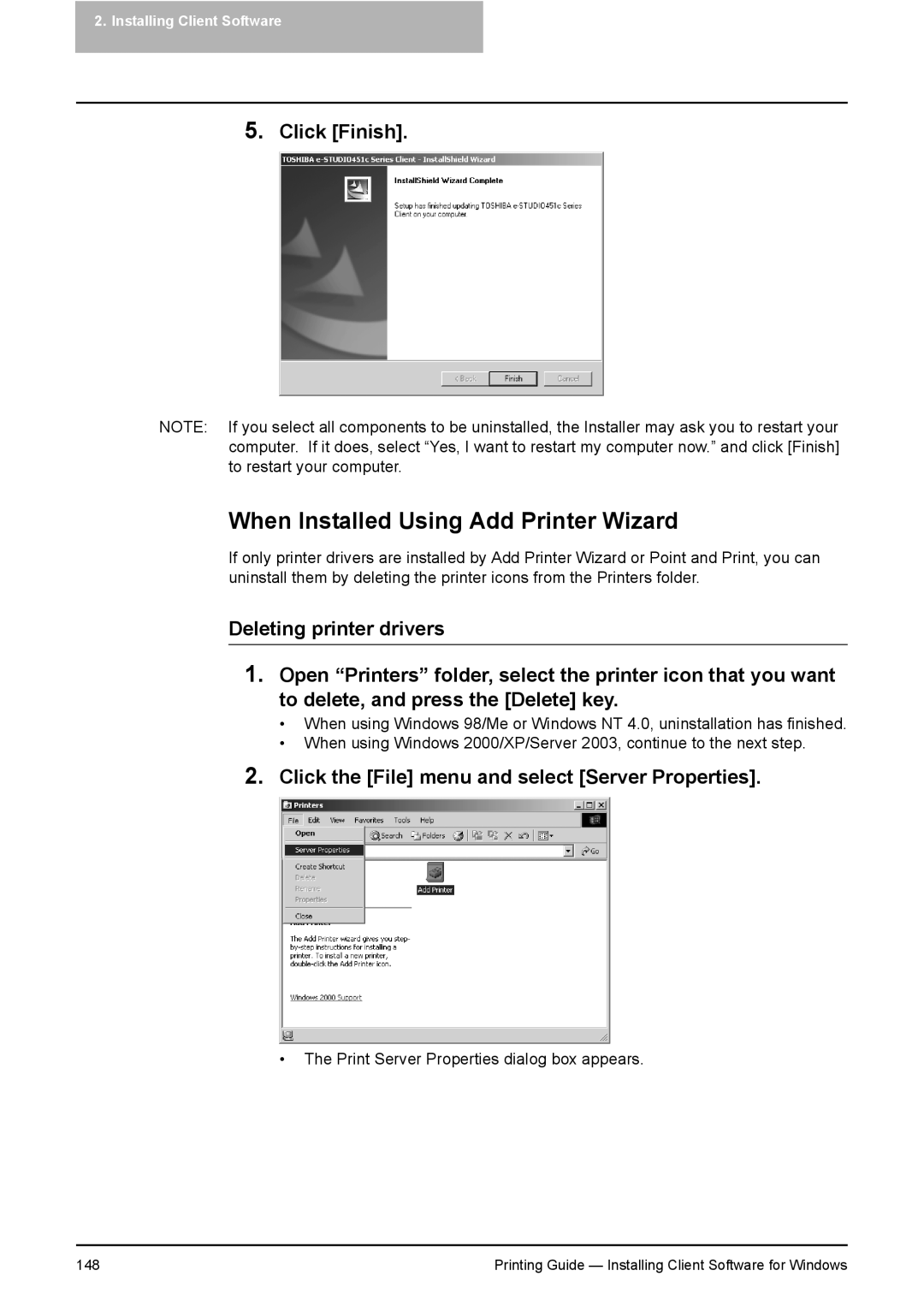 Toshiba 281C, 451C, 351C manual When Installed Using Add Printer Wizard, Click the File menu and select Server Properties 