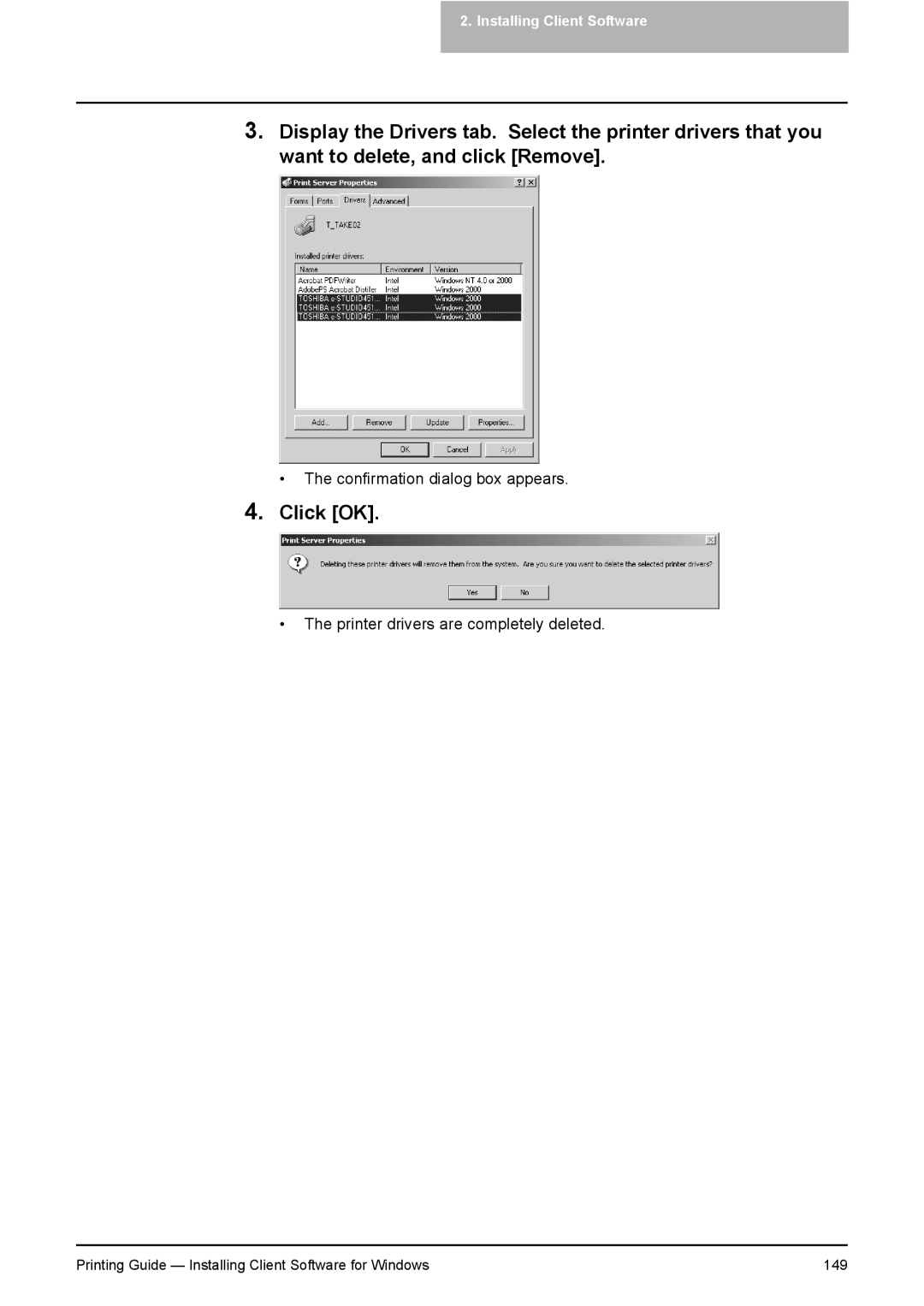 Toshiba 351C, 451C, 281C manual Confirmation dialog box appears 