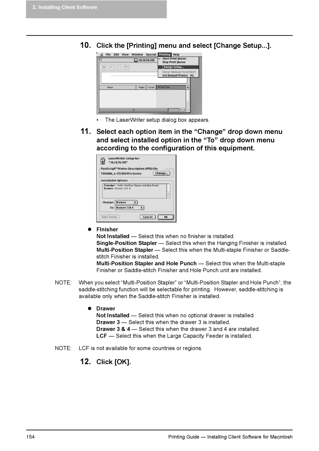 Toshiba 281C, 451C, 351C manual Click the Printing menu and select Change Setup, FInisher 