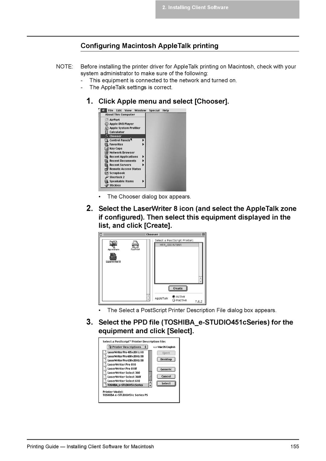 Toshiba 351C, 451C, 281C manual Configuring Macintosh AppleTalk printing, Click Apple menu and select Chooser 