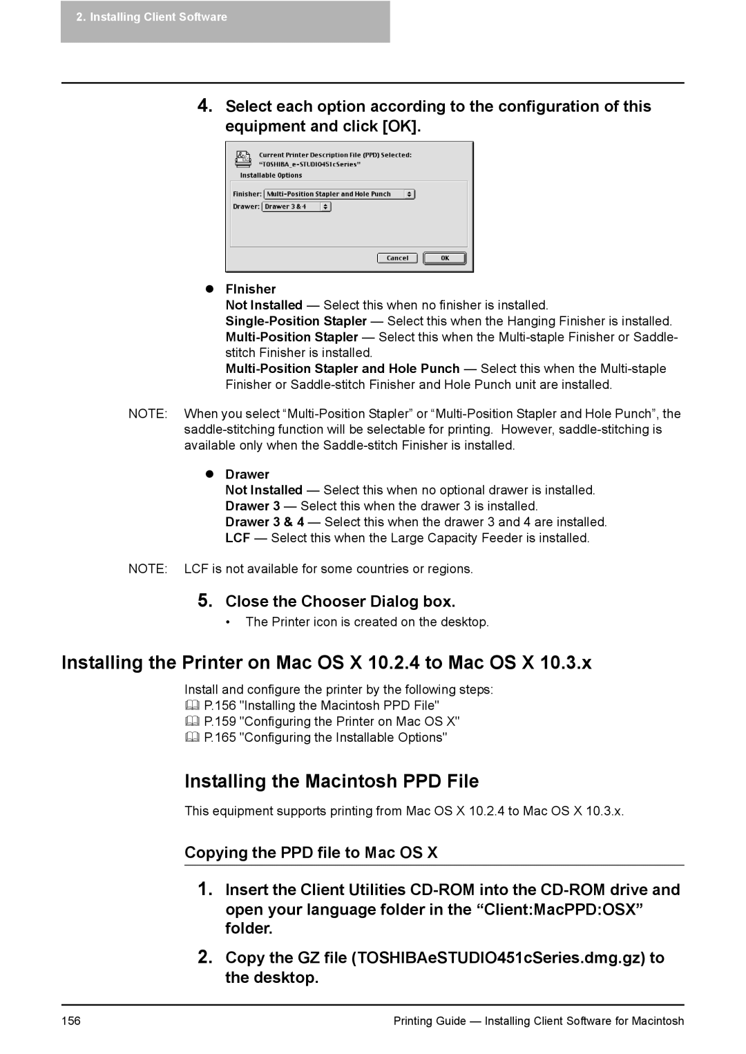 Toshiba 451C, 281C, 351C manual Installing the Printer on Mac OS X 10.2.4 to Mac OS X, Close the Chooser Dialog box 