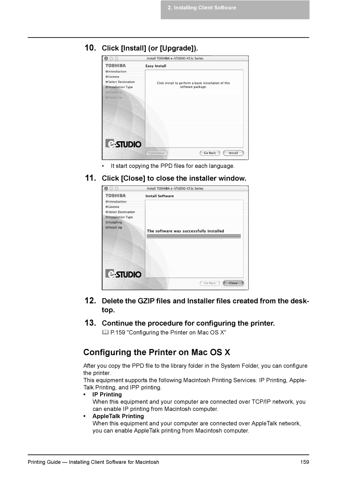 Toshiba 451C, 281C, 351C manual Configuring the Printer on Mac OS, Click Install or Upgrade, IP Printing 